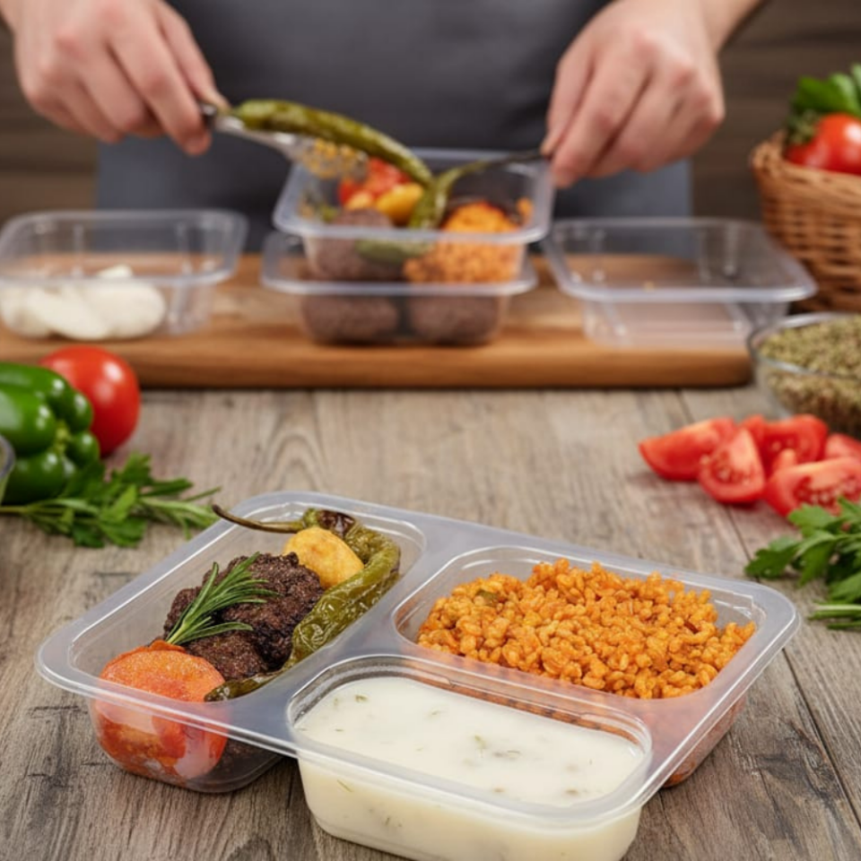 3 BÖLMELİ YEMEK KABI PP ŞEFFAF (20 GR) 50'Lİ